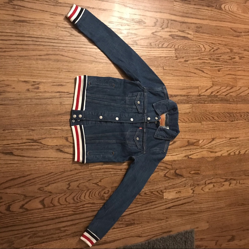 Levi’s Jean jacket with stipe detail.